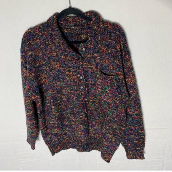 Vintage Black Rainbow Multicolour Knit Pullover Half Button Up Sweater L - Picture 1 of 14